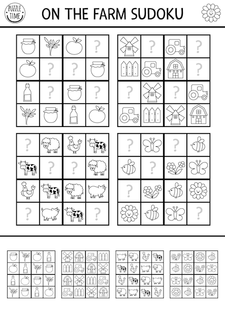 Vector farm sudoku black and white puzzle for kids with pictures Simple on the farm quiz with missing elements Education activity or coloring page with farmer barn tractor Draw missing objectsxA