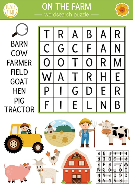 Vector on the farm word search puzzle for kids Simple farm word search quiz for children Country educational activity with cow farmer tractor barn Rural village cross wordxA