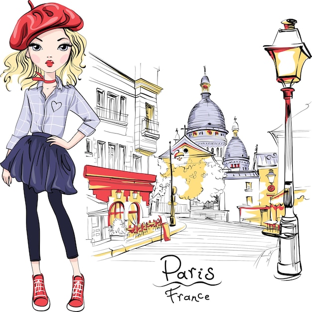 Vector fashion girl in Paris