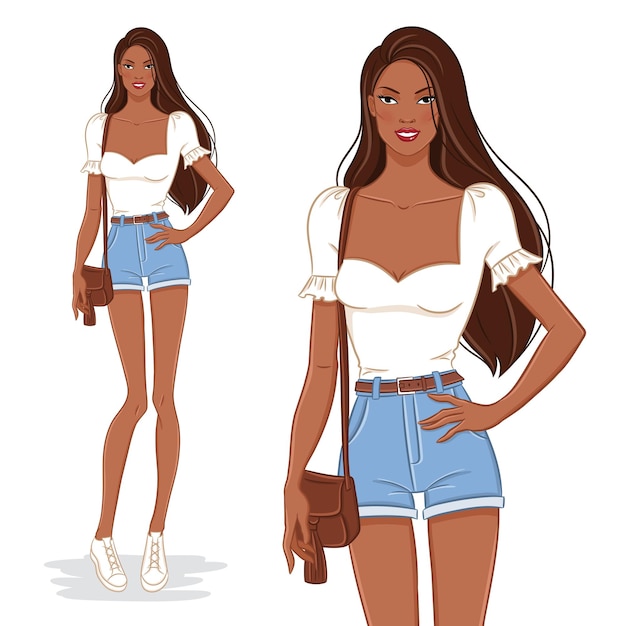 Vector vector fashion illustration of a black beautiful smiling woman in a summer outfit