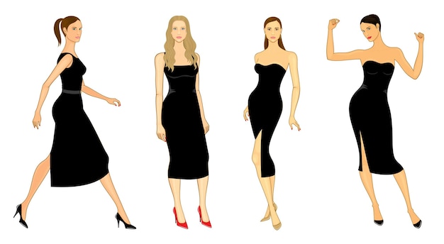 Vector fashion illustration of outline posing girls