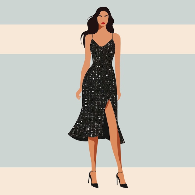 Vector fashion illustration of a young woman in an evening dress