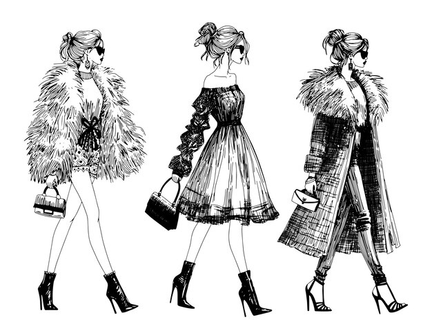 Vector vector fashion model illustration fashion girls top models runway catwalk sketch ink pen drawing