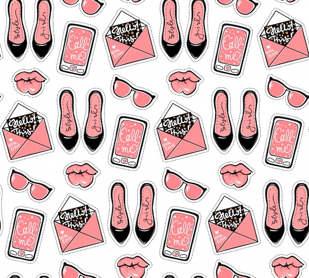 Vector fashion seamless pattern with stylish contemporary stickers.