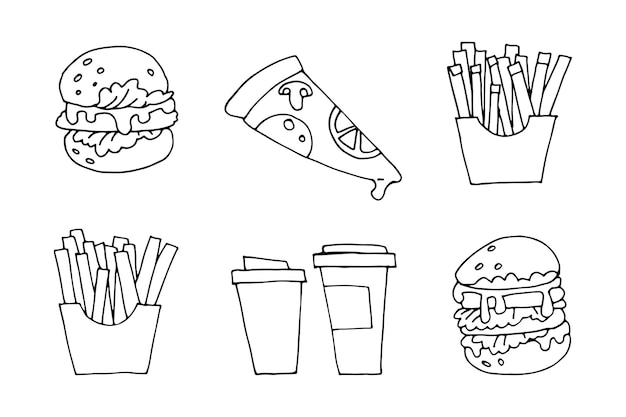 Vector Fast Food set doodle illustrations icons food delivery black line minimalistic simple for website graphic design