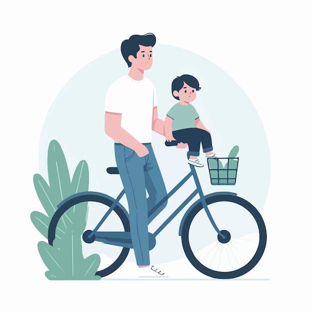 Vector vector of father riding a bicycle carrying his child with a flat design style