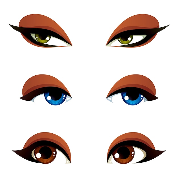 Vector female eyes collection in different emotion with blue, brown and green eye iris. Women eyes with stylish makeup isolated on white background.