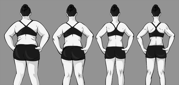 Vector female fitness back body shape change process