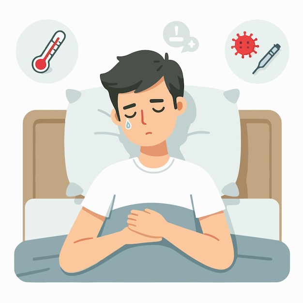 Vector vector of a feverish person lying in bed