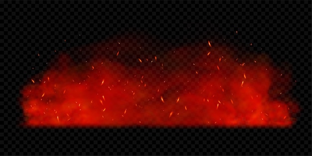 Vector fire sparks Burning glowing particles Flame of fire with sparks isolated on a black transparent background