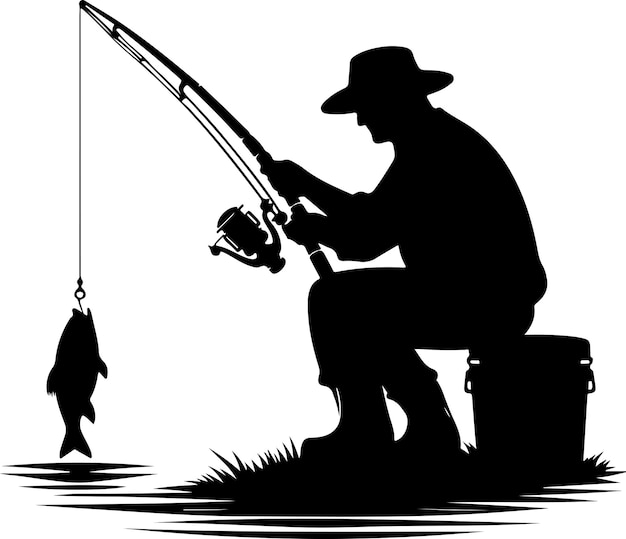 Vector fisher man catching a fish vector silhouette