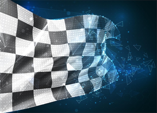 Vector flag, black and white checkered virtual abstract 3D object from triangular polygons on a blue background