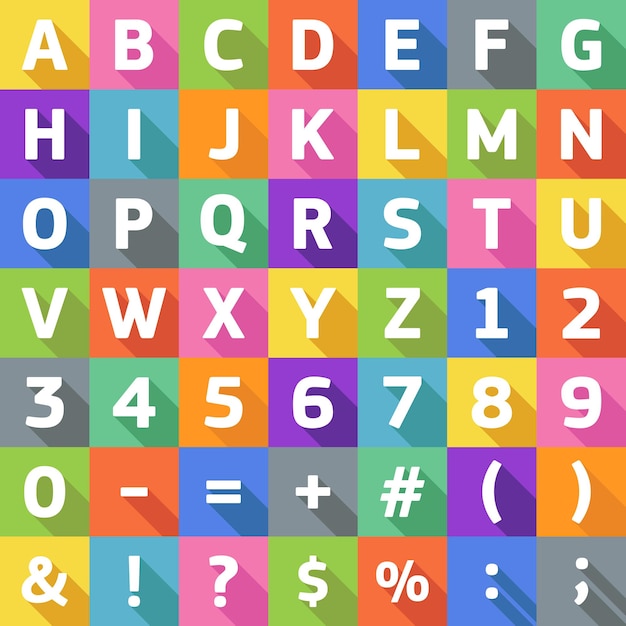 Vector flat alphabet with symbols and letters on bright colored