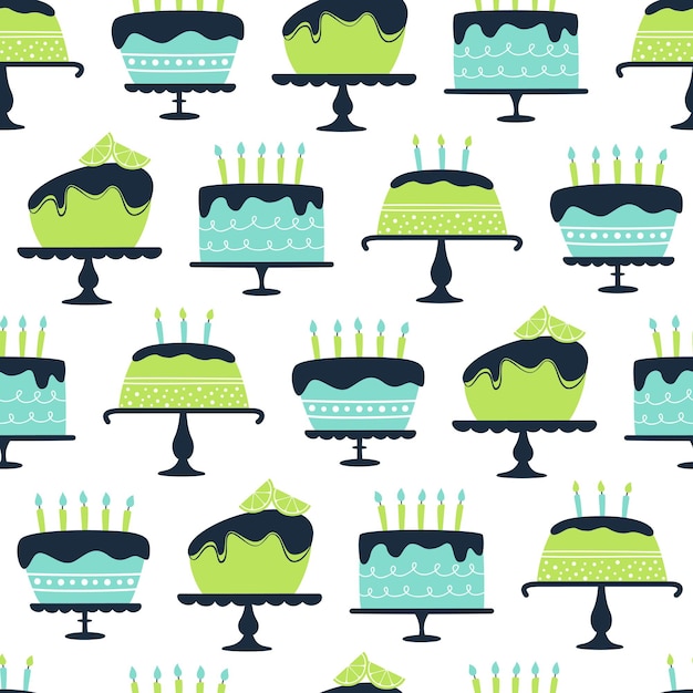 Vector flat birthday seamless pattern with cakes