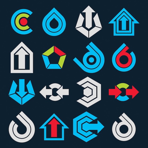 Vector flat blue abstract icons set, simple corporate graphic design elements. Marketing symbols set isolated on black background.