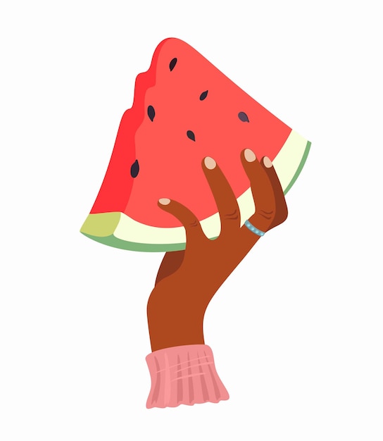 Vector flat cartoon illustration of black hand holding watermelon Piece of sliced fruit