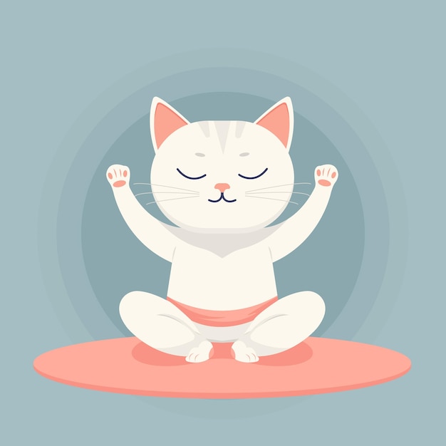 Vector vector flat cartoon illustration of a cute cat doing yoga in the lotus position