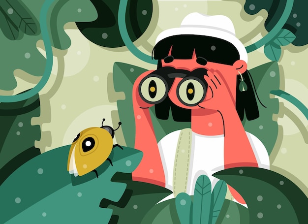 Vector flat cartoon illustration Girl found a beetle in the jungle Entomologist