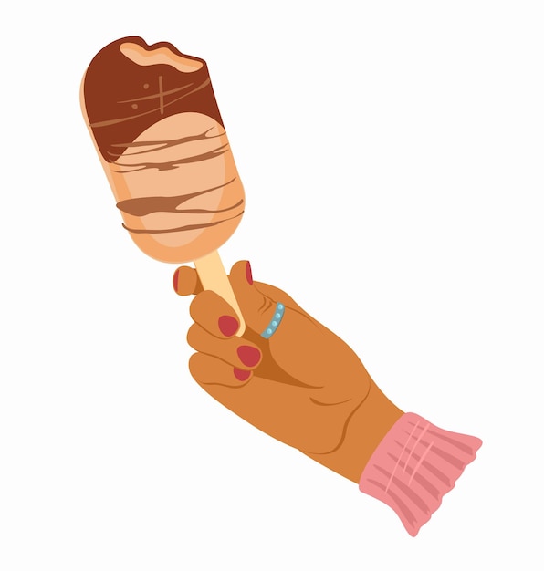 Vector flat cartoon illustration of hand holding ice cream Vanilla Chocolate Ice lolly