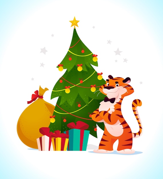 Vector flat cartoon illustration of new year and merry Christmas mascot tiger funny character at decorated xmas fir tree and presents isolated. For banners, web, packaging, ads, cards etc.