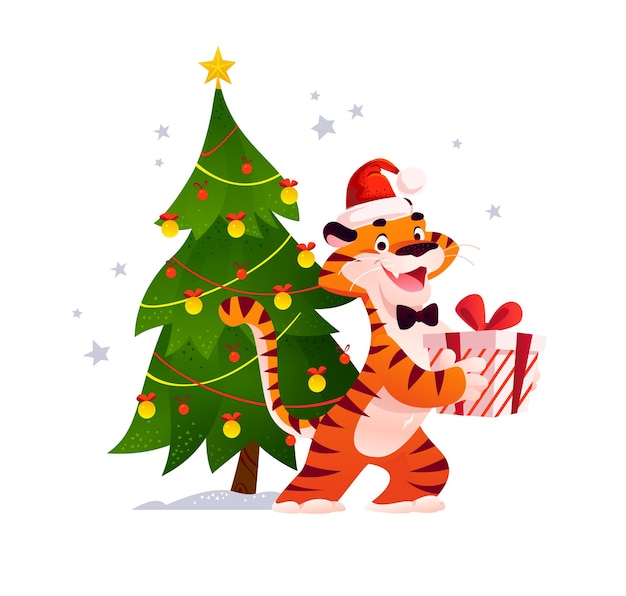 Vector flat cartoon illustration of new year and merry Christmas mascot tiger funny character with gift box at decorated xmas fir tree isolated. For banners, web, packaging, ads, cards etc.