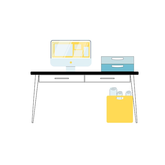 Vector flat cartoon work desk,monitor and waste basket isolated on empty background-electronic equipment and office interior elements,workplace organization concept,web site banner ad design