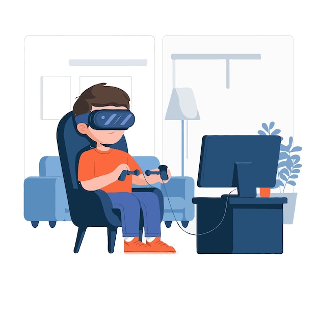 Vector vector flat character boy playing with virtual reality device