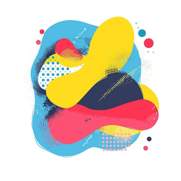 Vector vector flat color illustration of abstract shape in yellow red and blue on white background with dots circles lines and halftone pattern