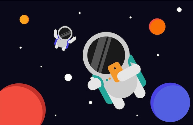 Vector vector flat design an astronaut is taking picture of him and his friend in space