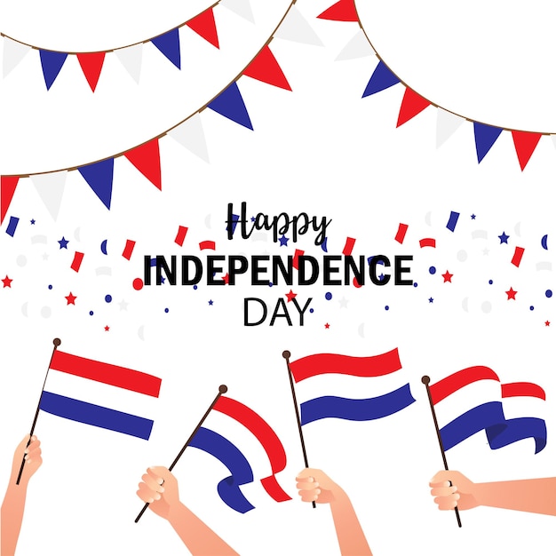 Vector vector flat design illustration hand holding and waving the national flag of dutch netherlands independence day patriotic concept on white background