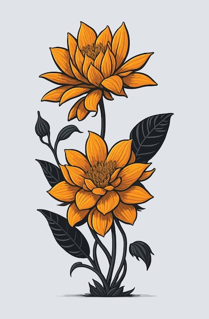 Vector flat design of linear leaves and flowers