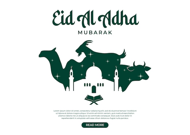 vector flat eid aladha illustration with mosques and goats camels and cow