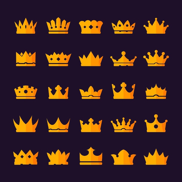 vector flat gold crown king queen luxury icon set Illustration