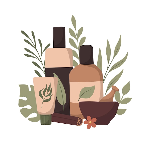 Vector flat hand drawn composition with organic skincare products