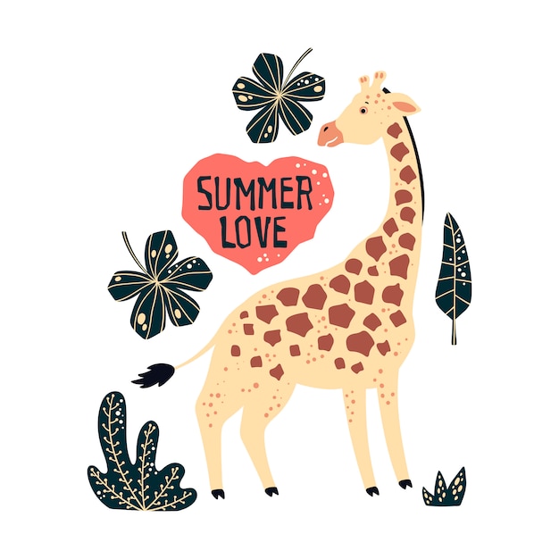 Vector flat hand drawn giraffes surrounded by tropical plants and flowers.