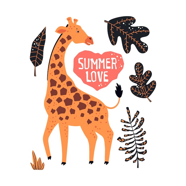 Vector flat hand drawn giraffes surrounded by tropical plants and flowers.