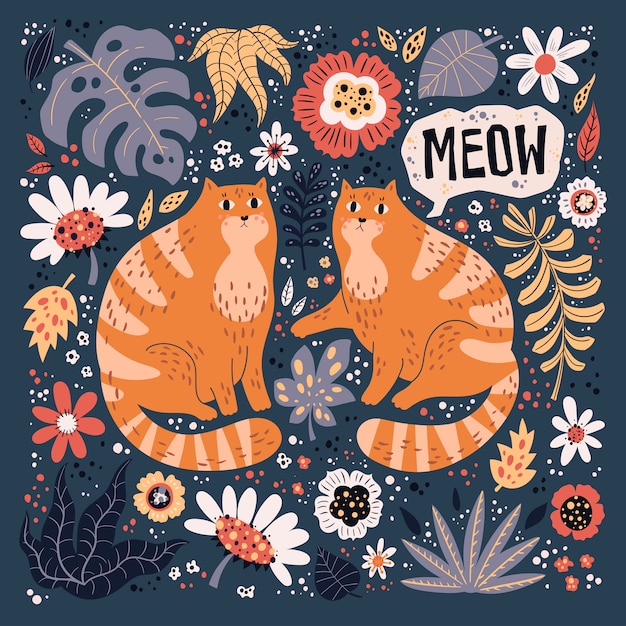 Vector flat hand drawn illustrations. Cute cats with plants and flowers.