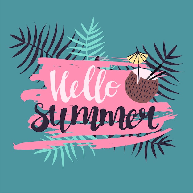 Vector flat hand drawn illustrations. Lettering: Hello Summer.