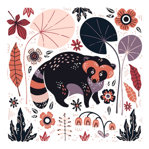 Vector flat hand drawn raccoon surrounded by plants and flowers.