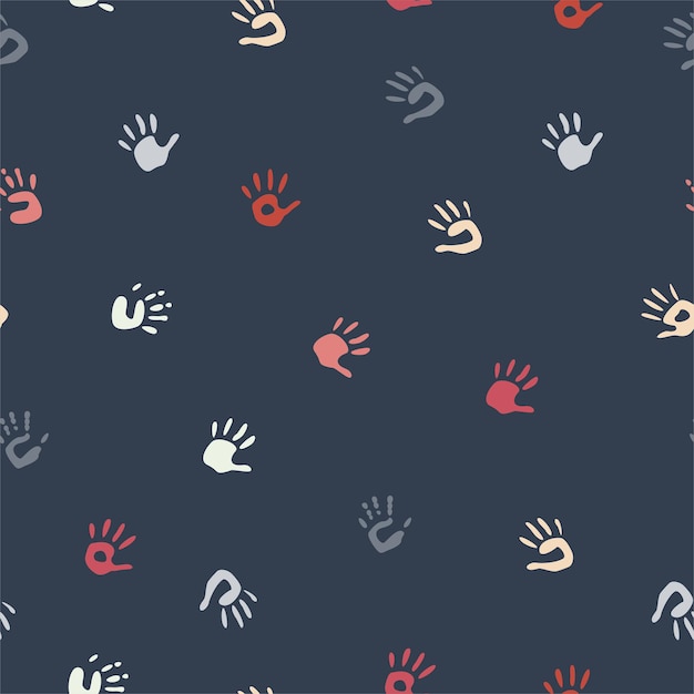 Vector vector flat hand drawn seamless pattern with hand print palm stamp fingers silhouette