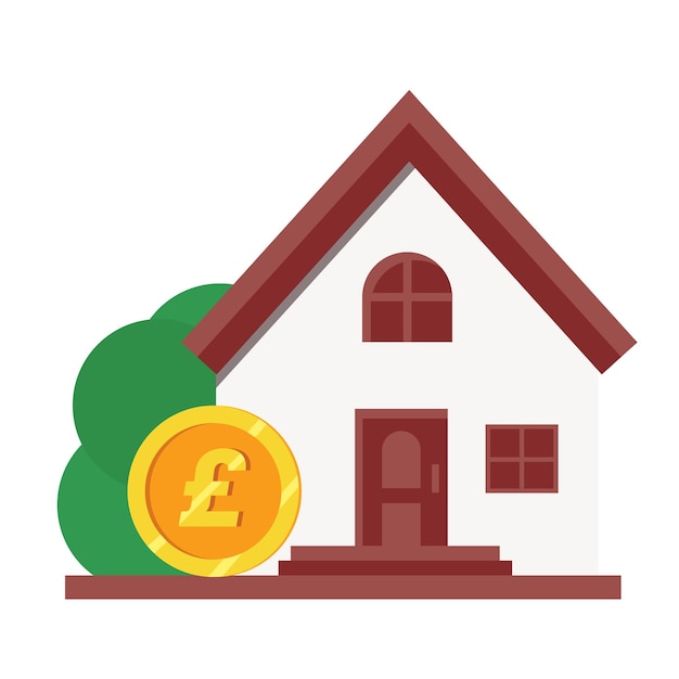 Vector flat house with money pound symbol. Real estate in Europe. Pound coin with house