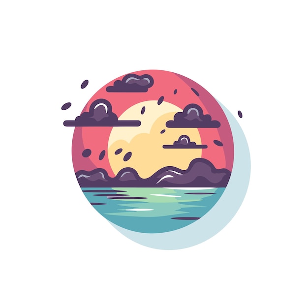 Vector flat icon of a colorful sunset with vibrant clouds and the sun setting in the background