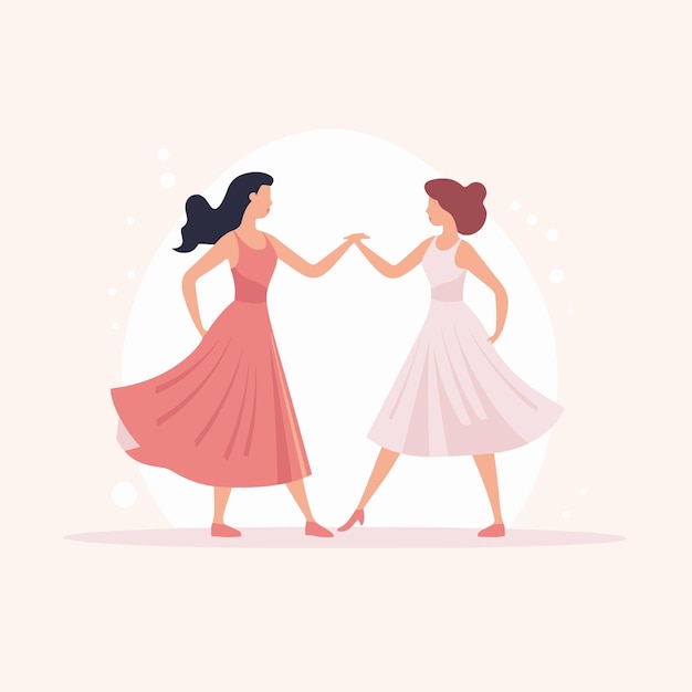 Vector flat icon two women in elegant dresses holding hands