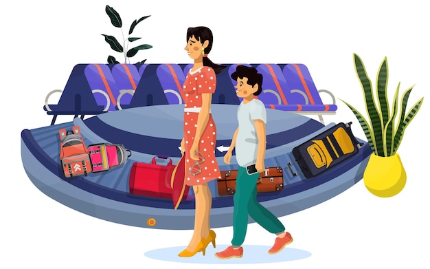 Vector flat illustration of baggage reclaim with waiting family on a white isolated background