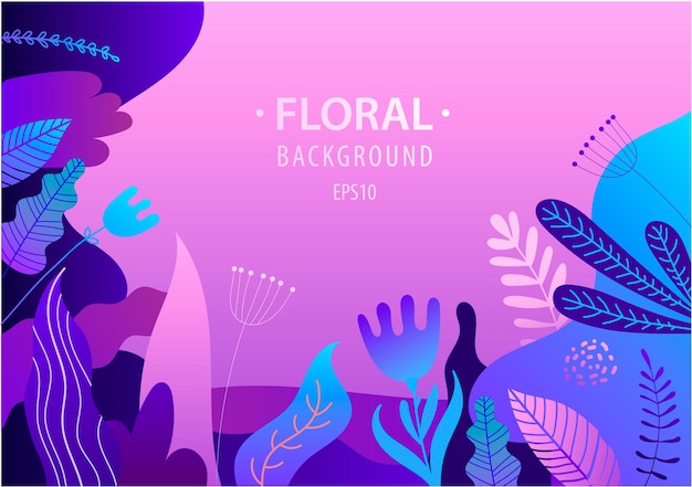 Vector flat illustration banner with florals leaves flowers sky Bright vibrant gradient colors background for web landing cosmetics packaging posters