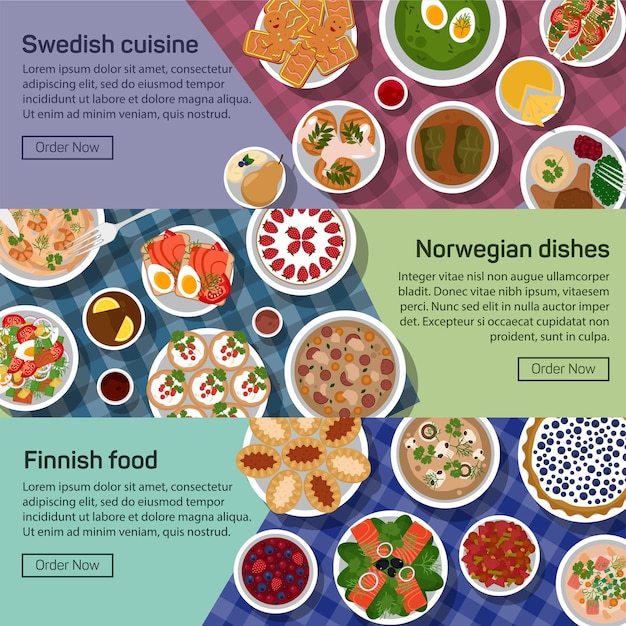 Vector flat illustration banners of finnish norwegian swedish national dishes