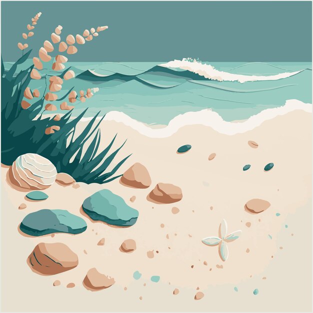 Vector vector flat illustration beautiful beach with blue sea water and white sand