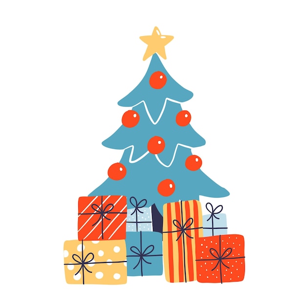 Vector flat illustration of christmas tree with presents Cute poster in simple cartoon style