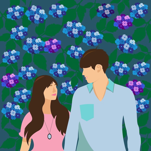 vector flat illustration of cute romantic couple with hydrangea