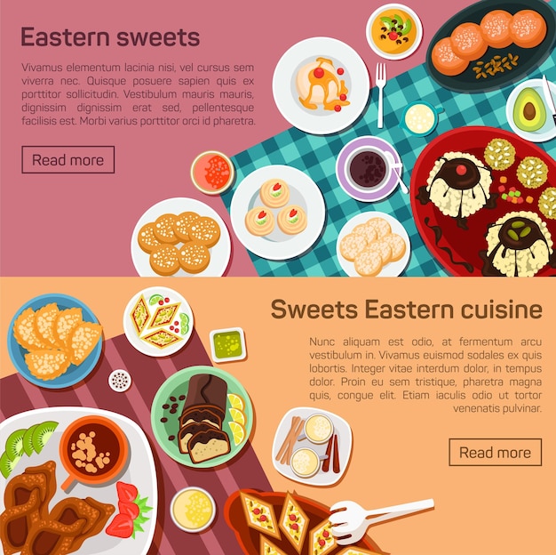 Vector flat illustration of eastern sweets dishes Outside tasty snacks